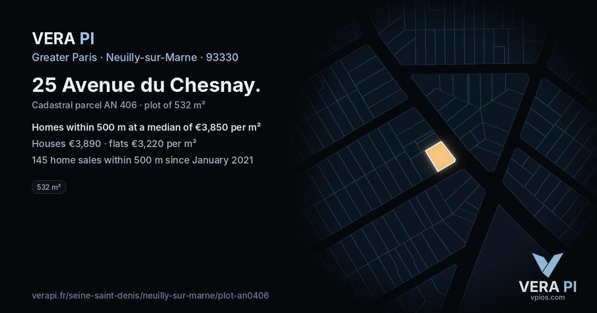 25 Avenue du Chesnay, Neuilly-sur-Marne at night – the plot lit, the parcels around coloured by the prices near them
