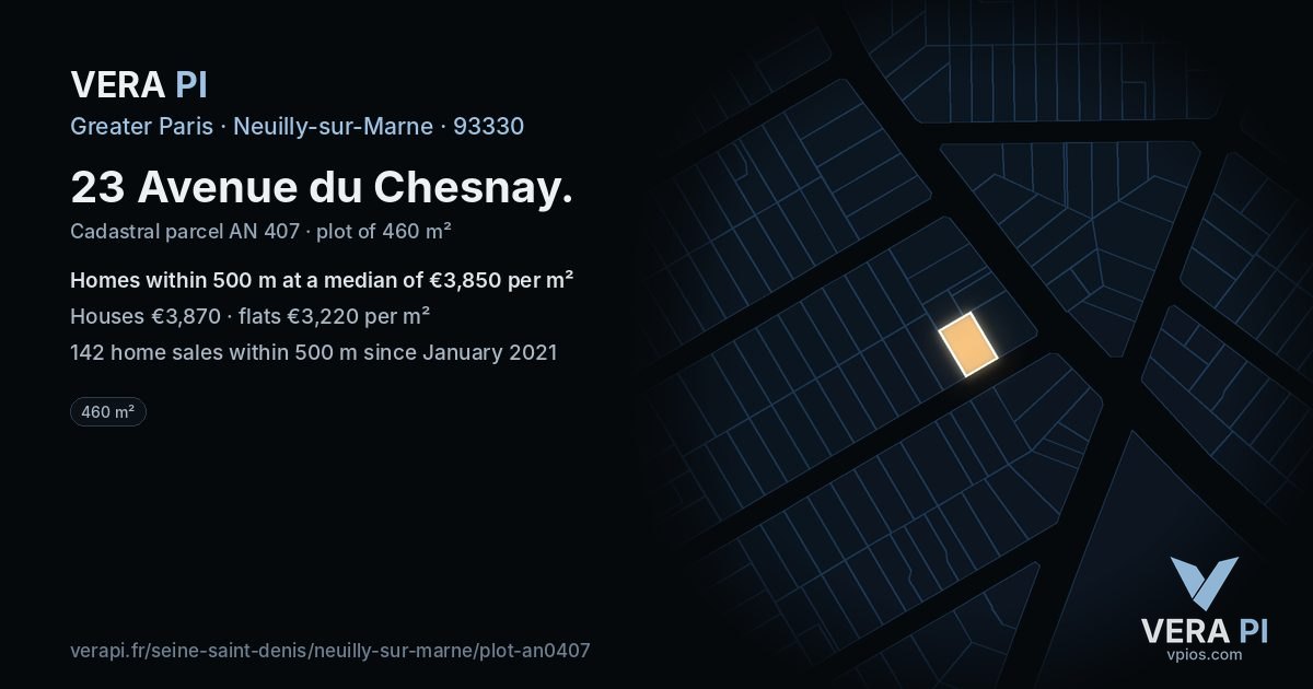 23 Avenue du Chesnay, Neuilly-sur-Marne at night – the plot lit, the parcels around coloured by the prices near them
