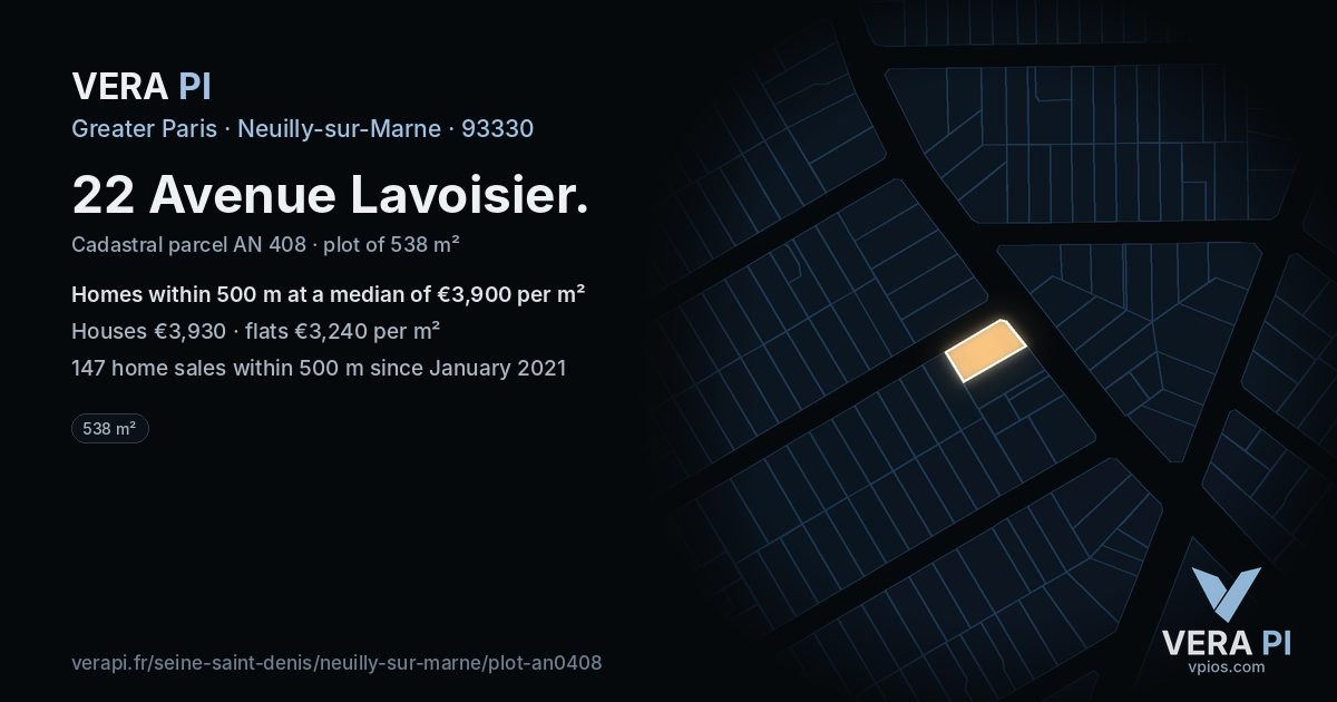 22 Avenue Lavoisier, Neuilly-sur-Marne at night – the plot lit, the parcels around coloured by the prices near them