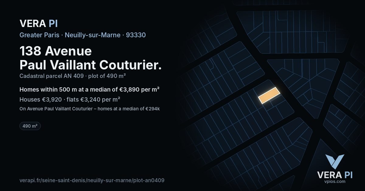 138 Avenue Paul Vaillant Couturier, Neuilly-sur-Marne at night – the plot lit, the parcels around coloured by the prices near them