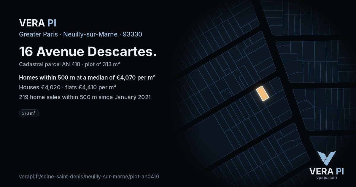 16 Avenue Descartes, Neuilly-sur-Marne at night – the plot lit, the parcels around coloured by the prices near them