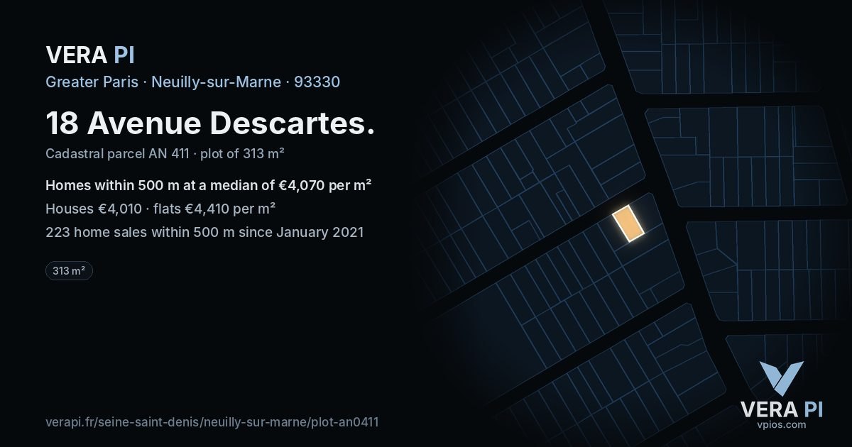 18 Avenue Descartes, Neuilly-sur-Marne at night – the plot lit, the parcels around coloured by the prices near them