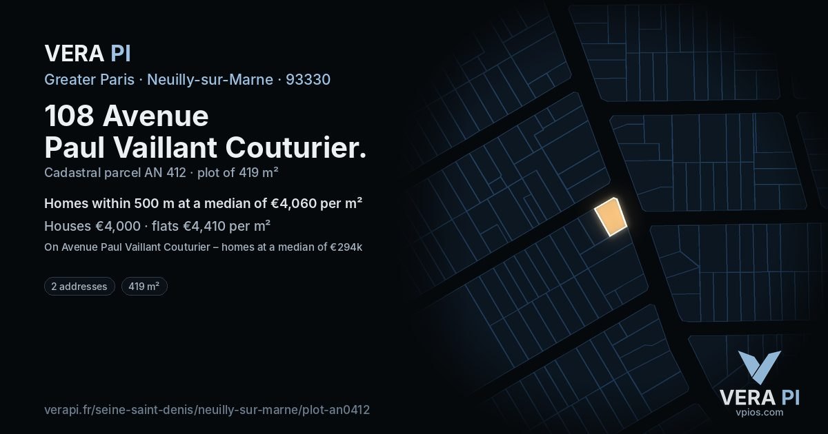 108 Avenue Paul Vaillant Couturier, Neuilly-sur-Marne at night – the plot lit, the parcels around coloured by the prices near them