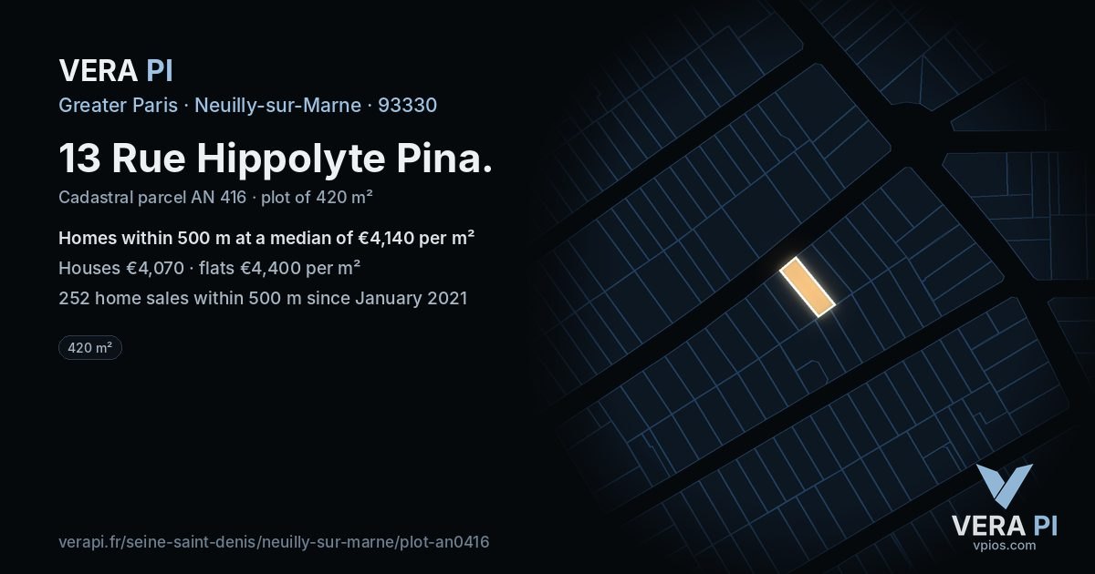 13 Rue Hippolyte Pina, Neuilly-sur-Marne at night – the plot lit, the parcels around coloured by the prices near them