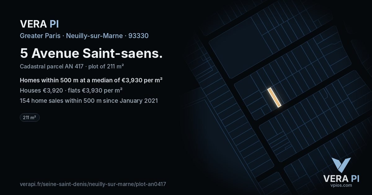 5 Avenue Saint-saens, Neuilly-sur-Marne at night – the plot lit, the parcels around coloured by the prices near them