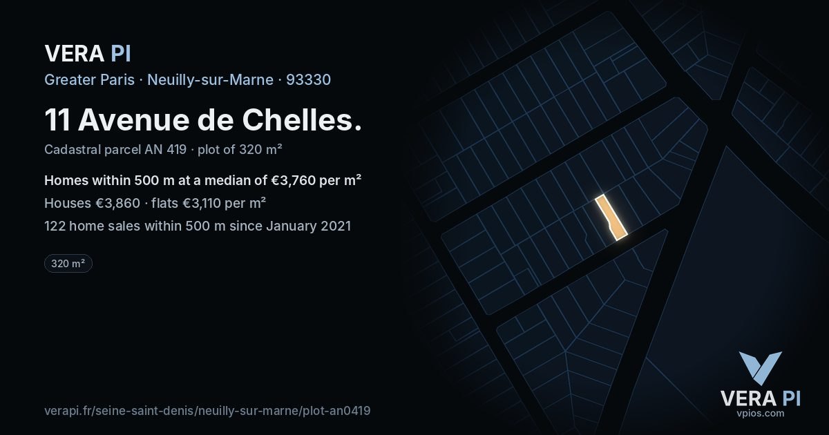 11 Avenue de Chelles, Neuilly-sur-Marne at night – the plot lit, the parcels around coloured by the prices near them