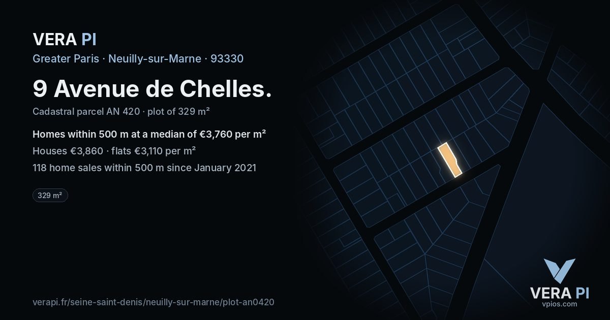 9 Avenue de Chelles, Neuilly-sur-Marne at night – the plot lit, the parcels around coloured by the prices near them