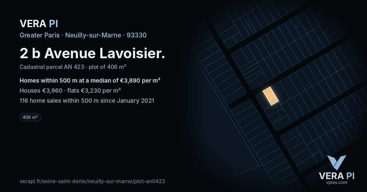 2 b Avenue Lavoisier, Neuilly-sur-Marne at night – the plot lit, the parcels around coloured by the prices near them