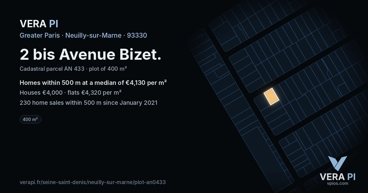 2 bis Avenue Bizet, Neuilly-sur-Marne at night – the plot lit, the parcels around coloured by the prices near them
