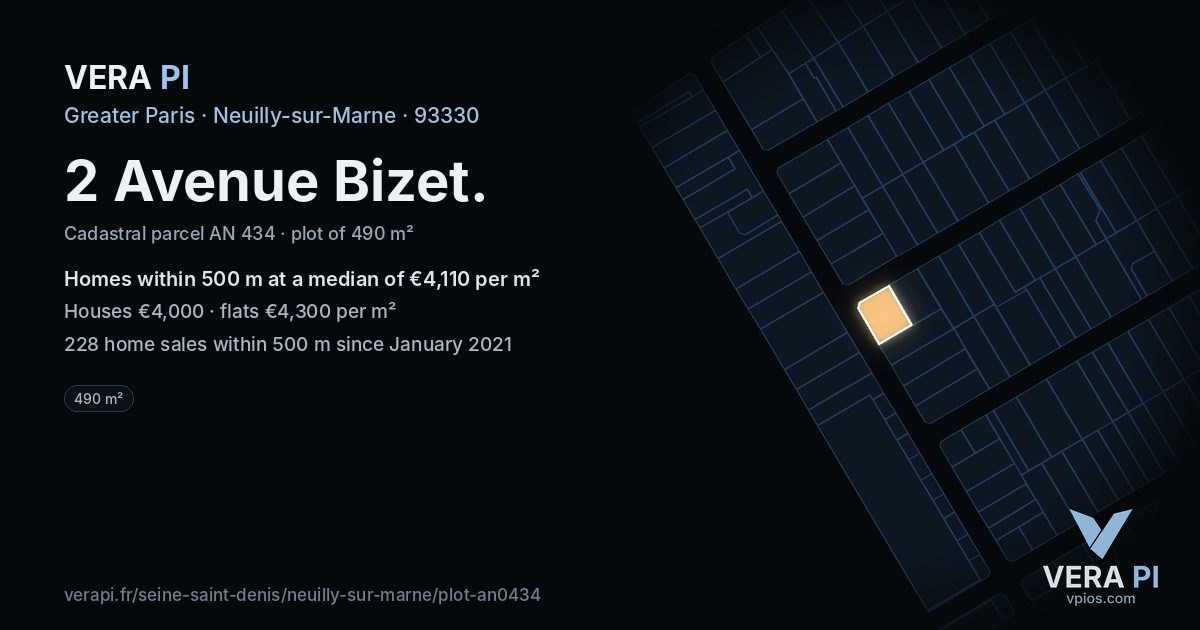 2 Avenue Bizet, Neuilly-sur-Marne at night – the plot lit, the parcels around coloured by the prices near them