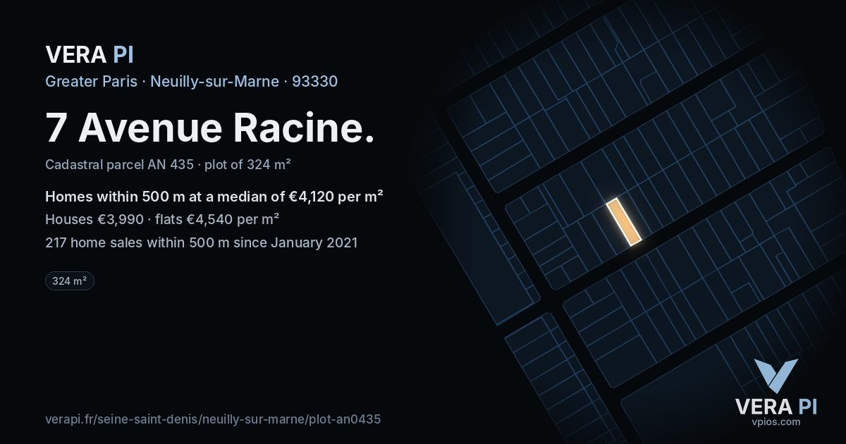 7 Avenue Racine, Neuilly-sur-Marne at night – the plot lit, the parcels around coloured by the prices near them