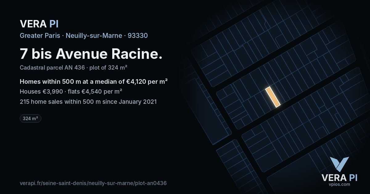 7 bis Avenue Racine, Neuilly-sur-Marne at night – the plot lit, the parcels around coloured by the prices near them