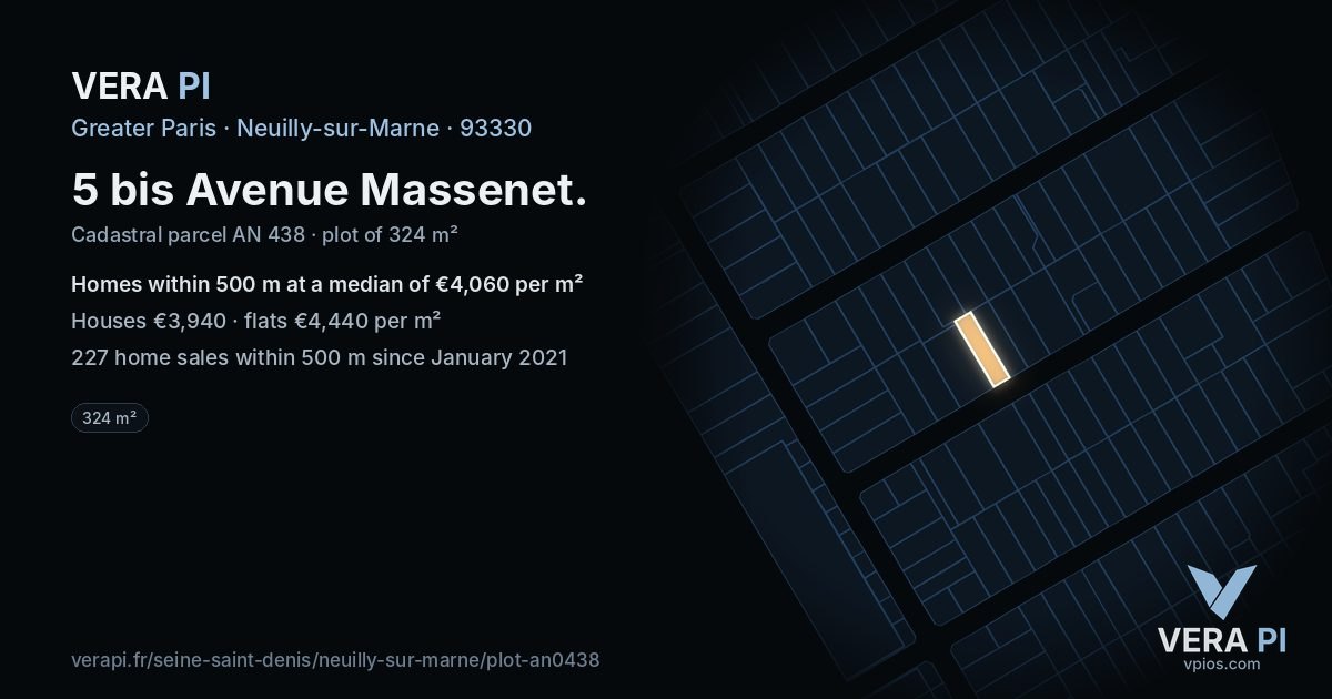 5 bis Avenue Massenet, Neuilly-sur-Marne at night – the plot lit, the parcels around coloured by the prices near them