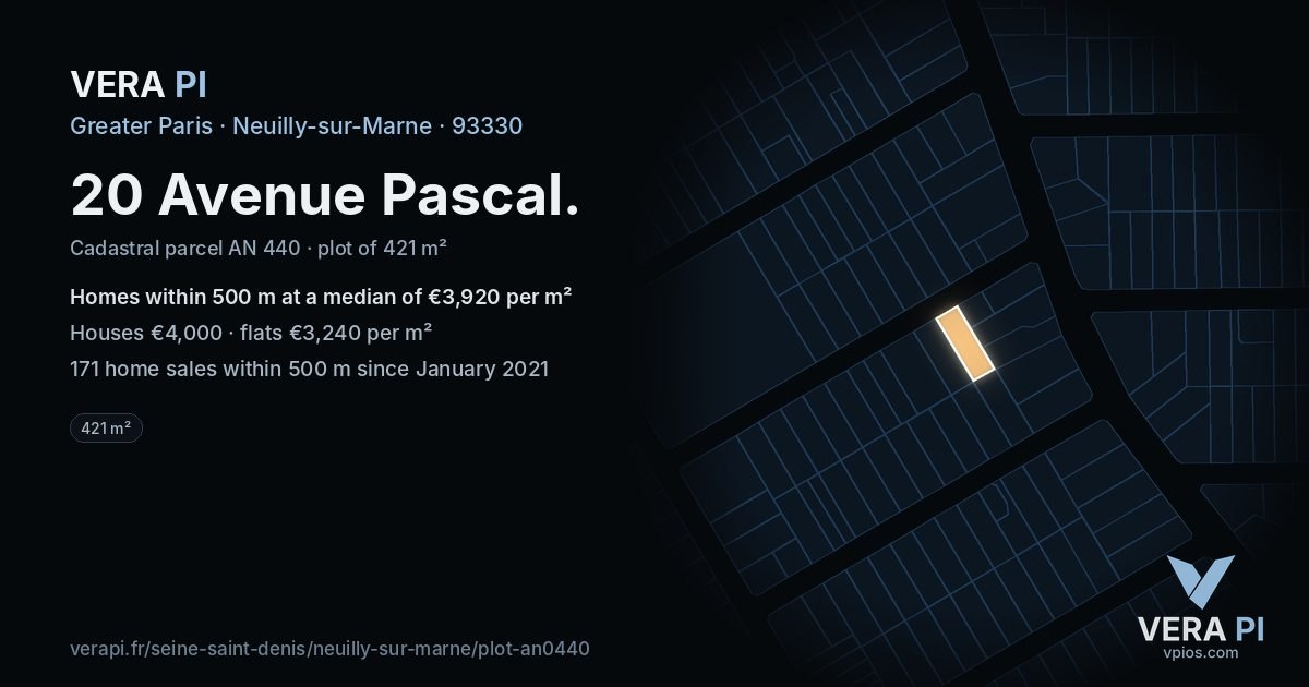 20 Avenue Pascal, Neuilly-sur-Marne at night – the plot lit, the parcels around coloured by the prices near them