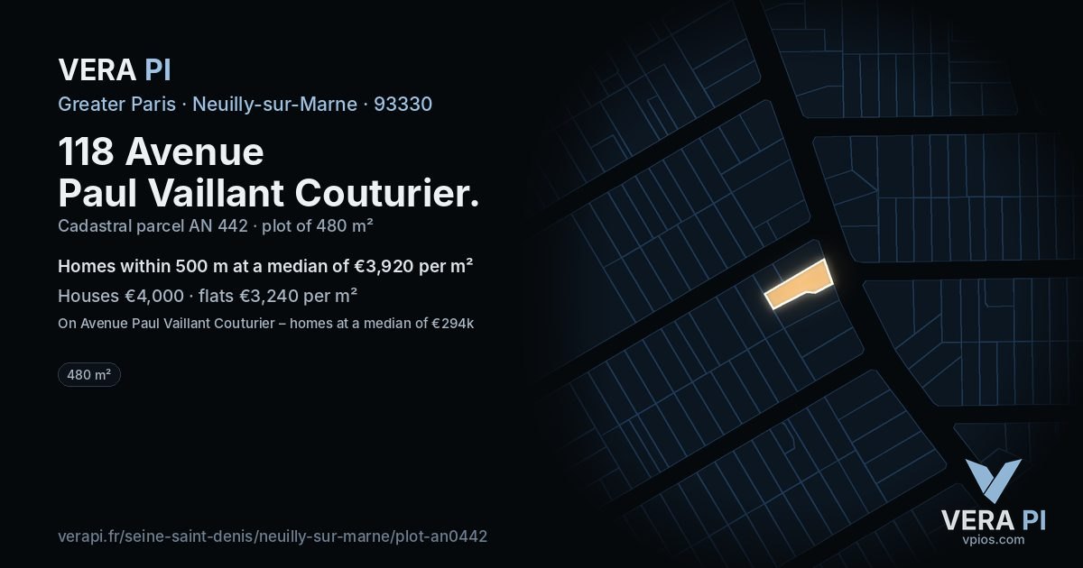 118 Avenue Paul Vaillant Couturier, Neuilly-sur-Marne at night – the plot lit, the parcels around coloured by the prices near them