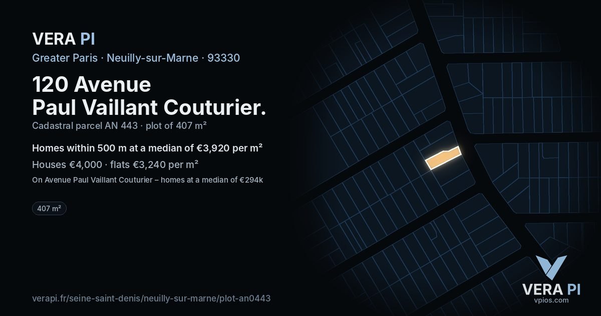 120 Avenue Paul Vaillant Couturier, Neuilly-sur-Marne at night – the plot lit, the parcels around coloured by the prices near them