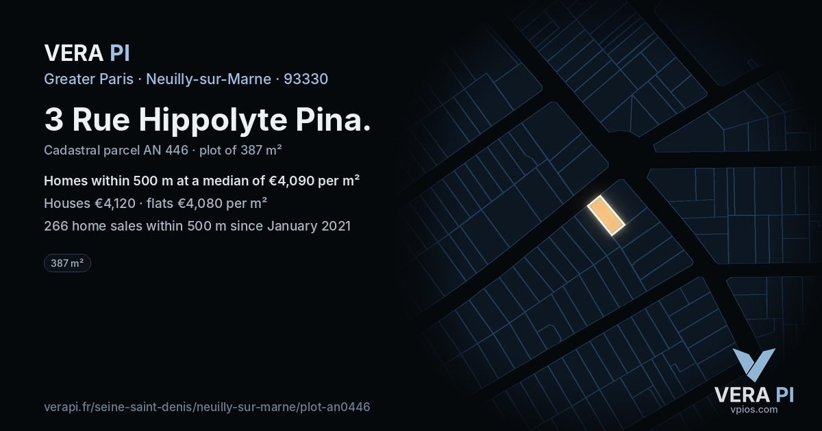 3 Rue Hippolyte Pina, Neuilly-sur-Marne at night – the plot lit, the parcels around coloured by the prices near them