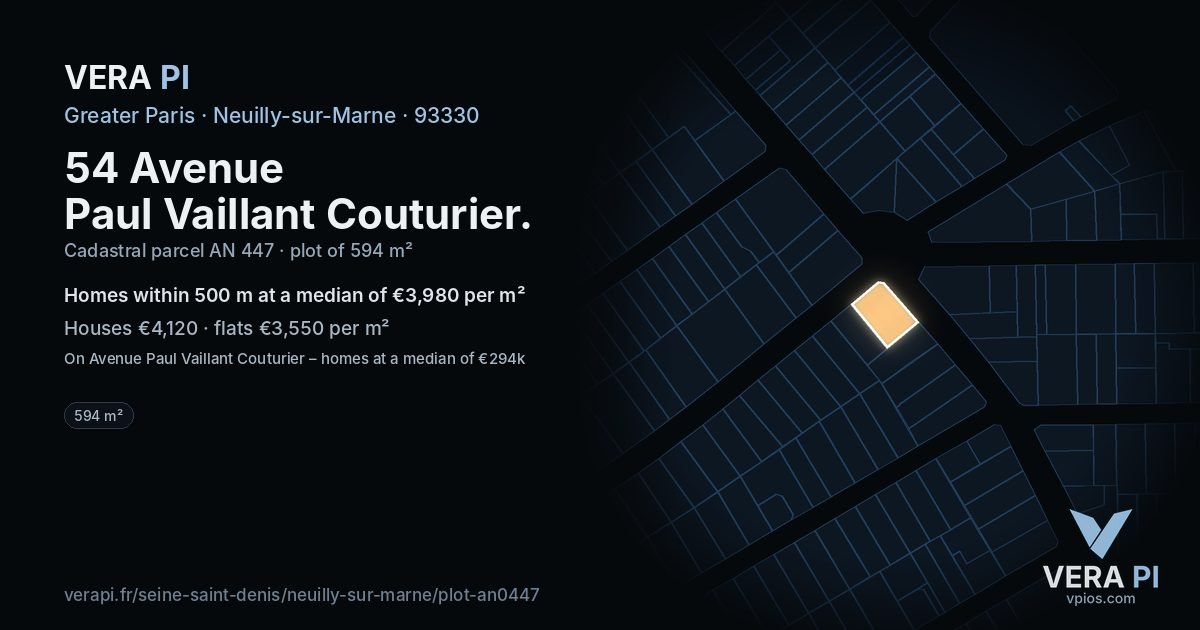 54 Avenue Paul Vaillant Couturier, Neuilly-sur-Marne at night – the plot lit, the parcels around coloured by the prices near them
