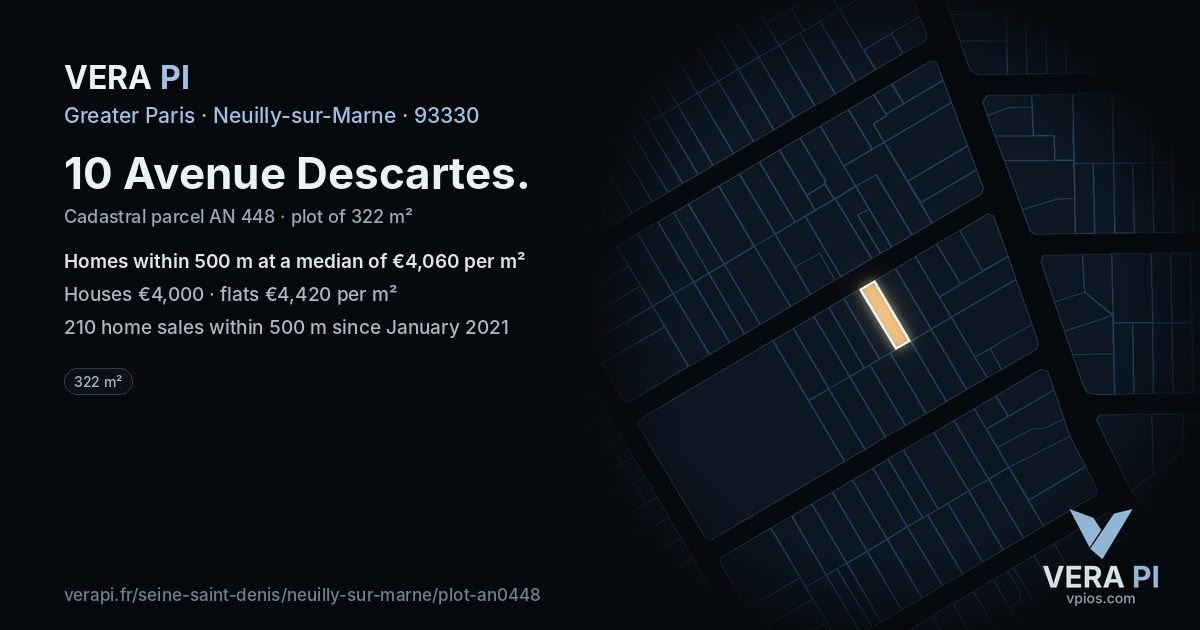 10 Avenue Descartes, Neuilly-sur-Marne at night – the plot lit, the parcels around coloured by the prices near them