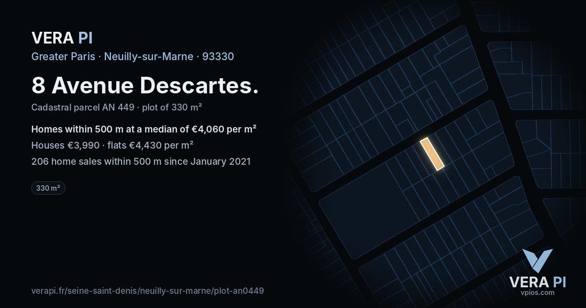8 Avenue Descartes, Neuilly-sur-Marne at night – the plot lit, the parcels around coloured by the prices near them