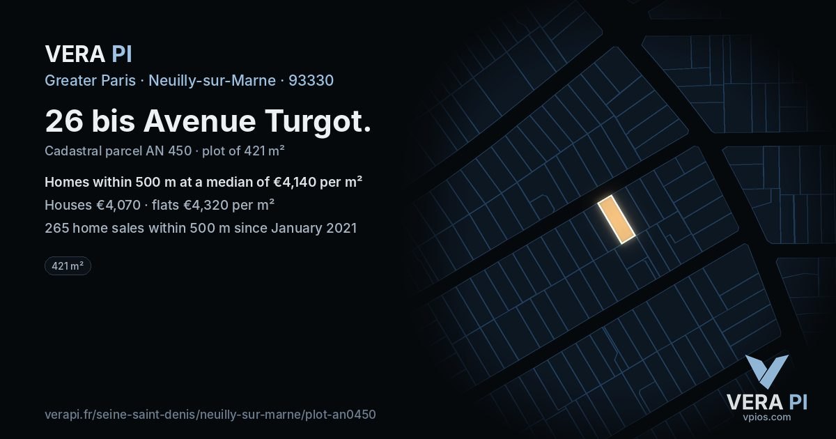 26 bis Avenue Turgot, Neuilly-sur-Marne at night – the plot lit, the parcels around coloured by the prices near them