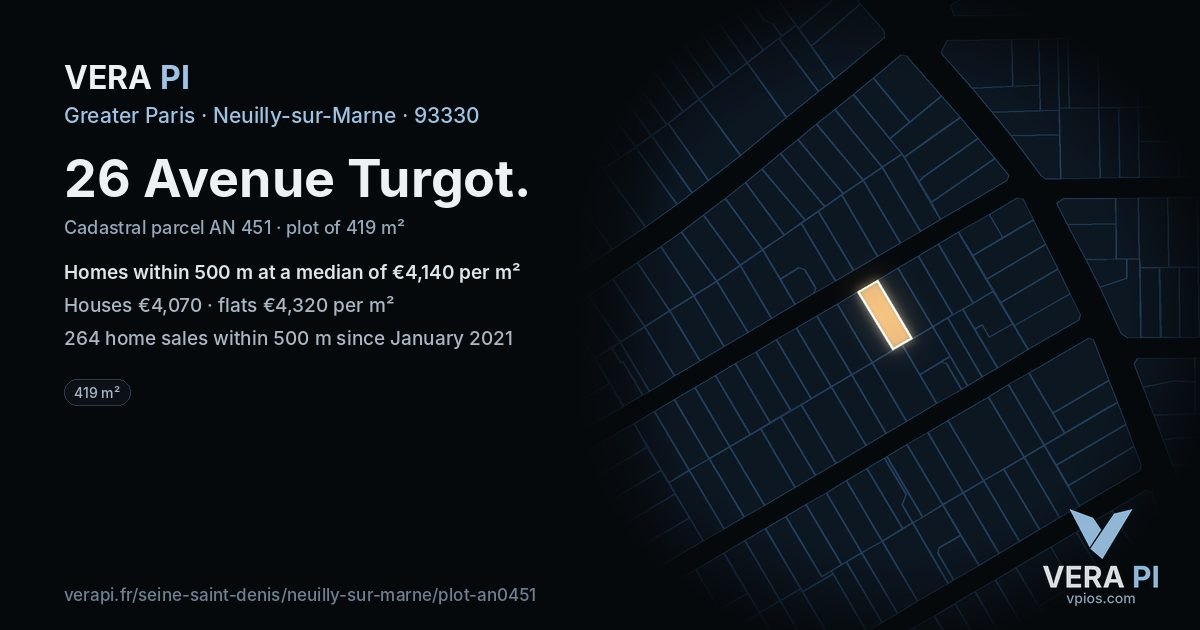 26 Avenue Turgot, Neuilly-sur-Marne at night – the plot lit, the parcels around coloured by the prices near them