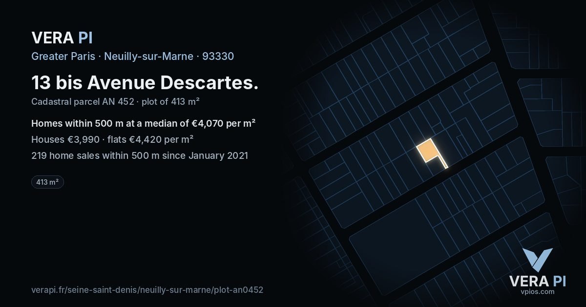 13 bis Avenue Descartes, Neuilly-sur-Marne at night – the plot lit, the parcels around coloured by the prices near them