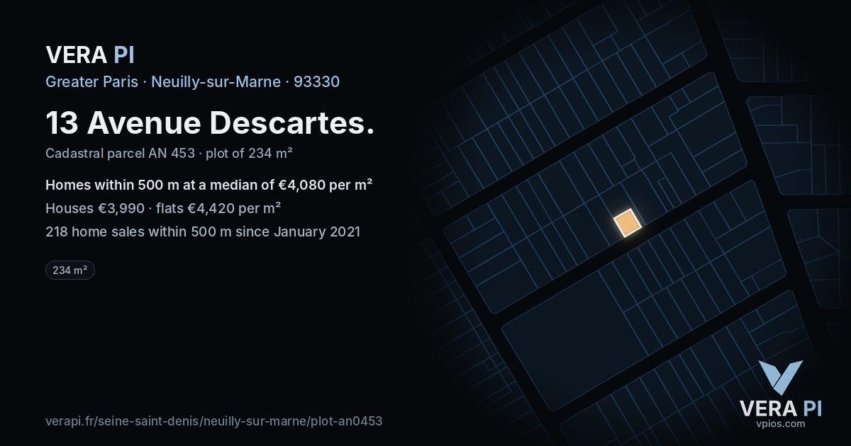 13 Avenue Descartes, Neuilly-sur-Marne at night – the plot lit, the parcels around coloured by the prices near them
