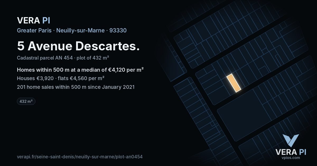 5 Avenue Descartes, Neuilly-sur-Marne at night – the plot lit, the parcels around coloured by the prices near them