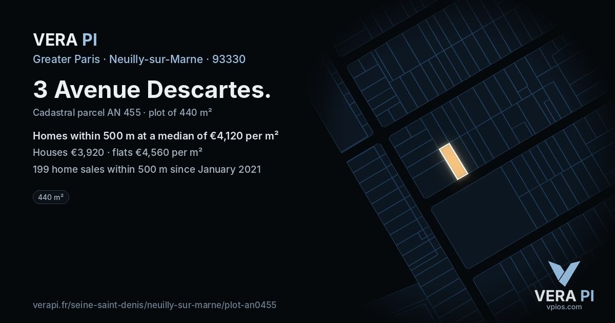 3 Avenue Descartes, Neuilly-sur-Marne at night – the plot lit, the parcels around coloured by the prices near them