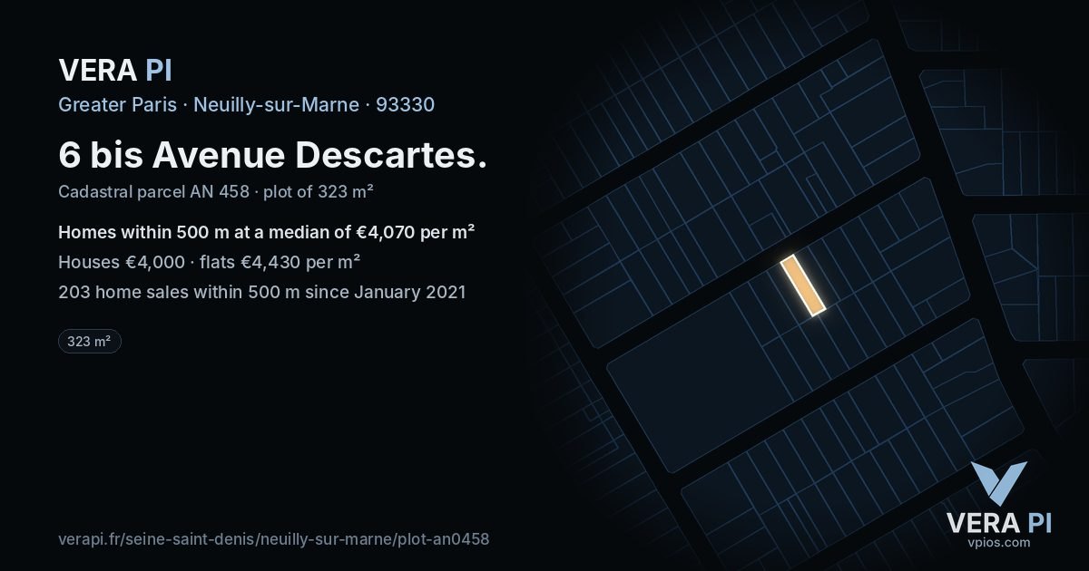 6 bis Avenue Descartes, Neuilly-sur-Marne at night – the plot lit, the parcels around coloured by the prices near them