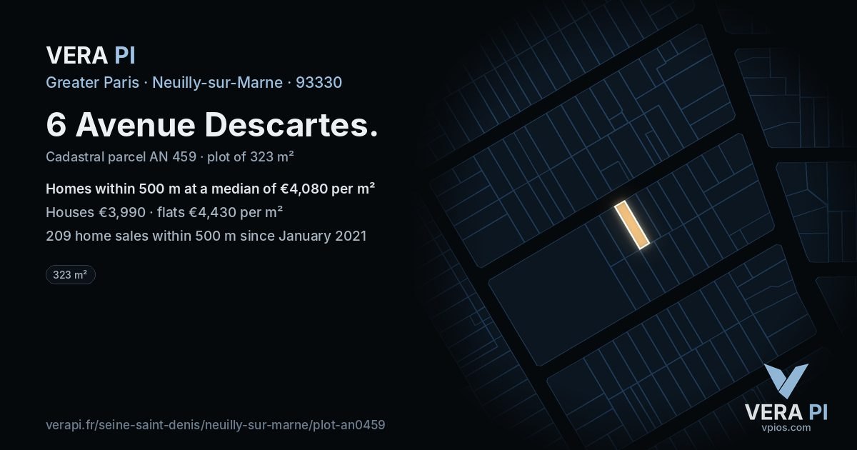 6 Avenue Descartes, Neuilly-sur-Marne at night – the plot lit, the parcels around coloured by the prices near them