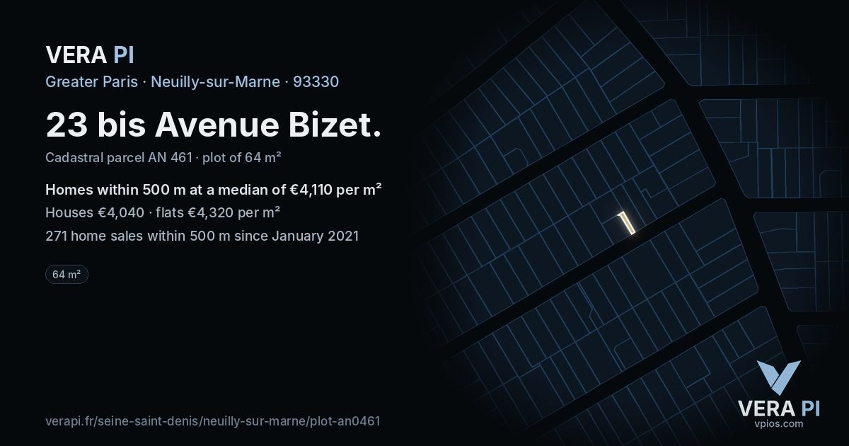 23 bis Avenue Bizet, Neuilly-sur-Marne at night – the plot lit, the parcels around coloured by the prices near them