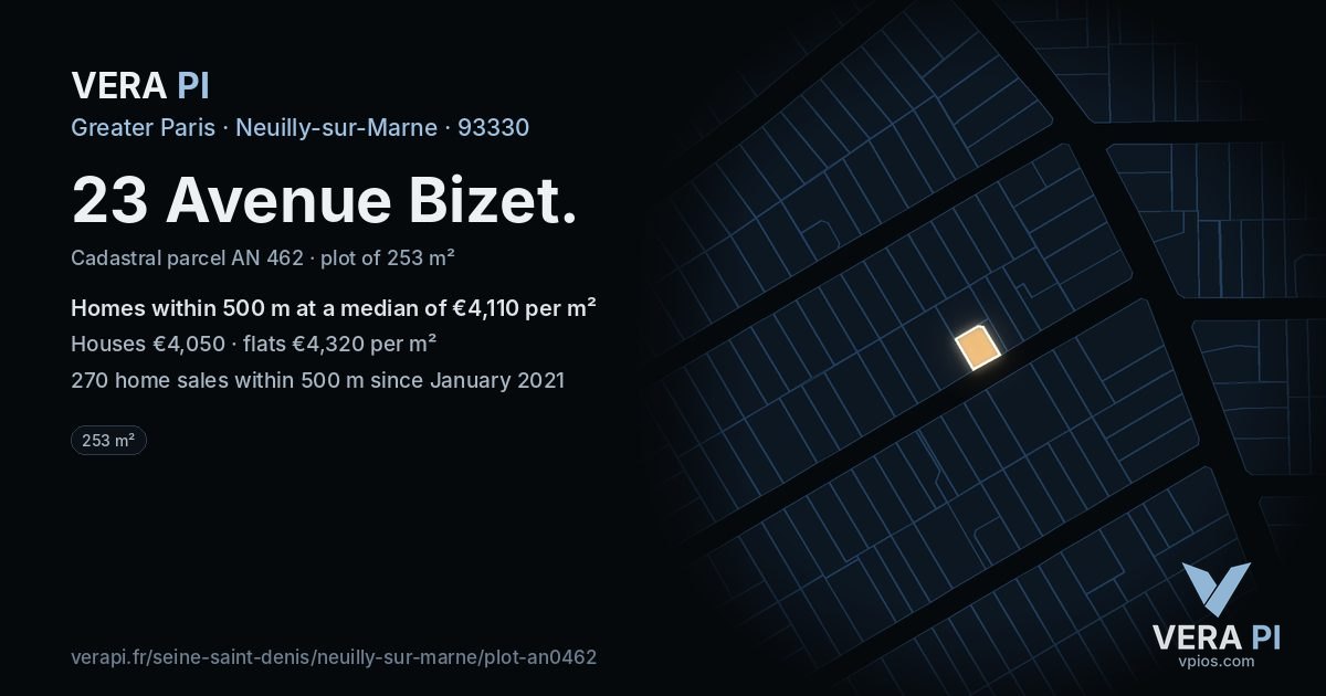 23 Avenue Bizet, Neuilly-sur-Marne at night – the plot lit, the parcels around coloured by the prices near them