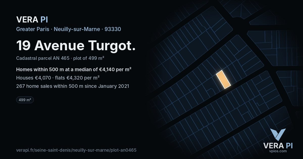 19 Avenue Turgot, Neuilly-sur-Marne at night – the plot lit, the parcels around coloured by the prices near them