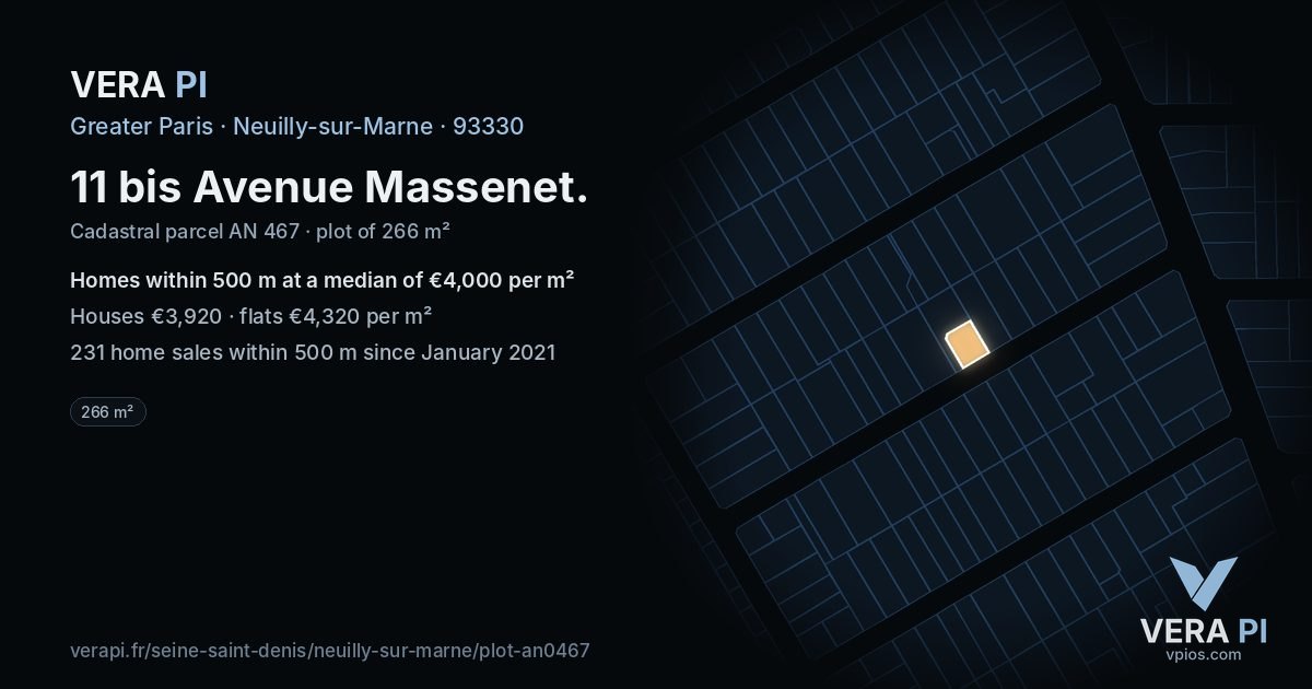 11 bis Avenue Massenet, Neuilly-sur-Marne at night – the plot lit, the parcels around coloured by the prices near them