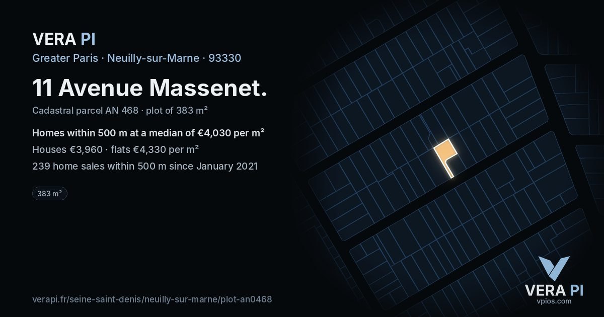 11 Avenue Massenet, Neuilly-sur-Marne at night – the plot lit, the parcels around coloured by the prices near them