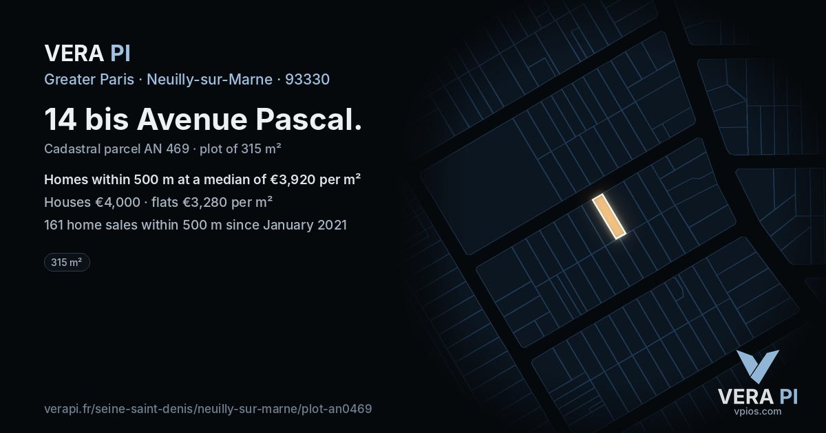 14 bis Avenue Pascal, Neuilly-sur-Marne at night – the plot lit, the parcels around coloured by the prices near them
