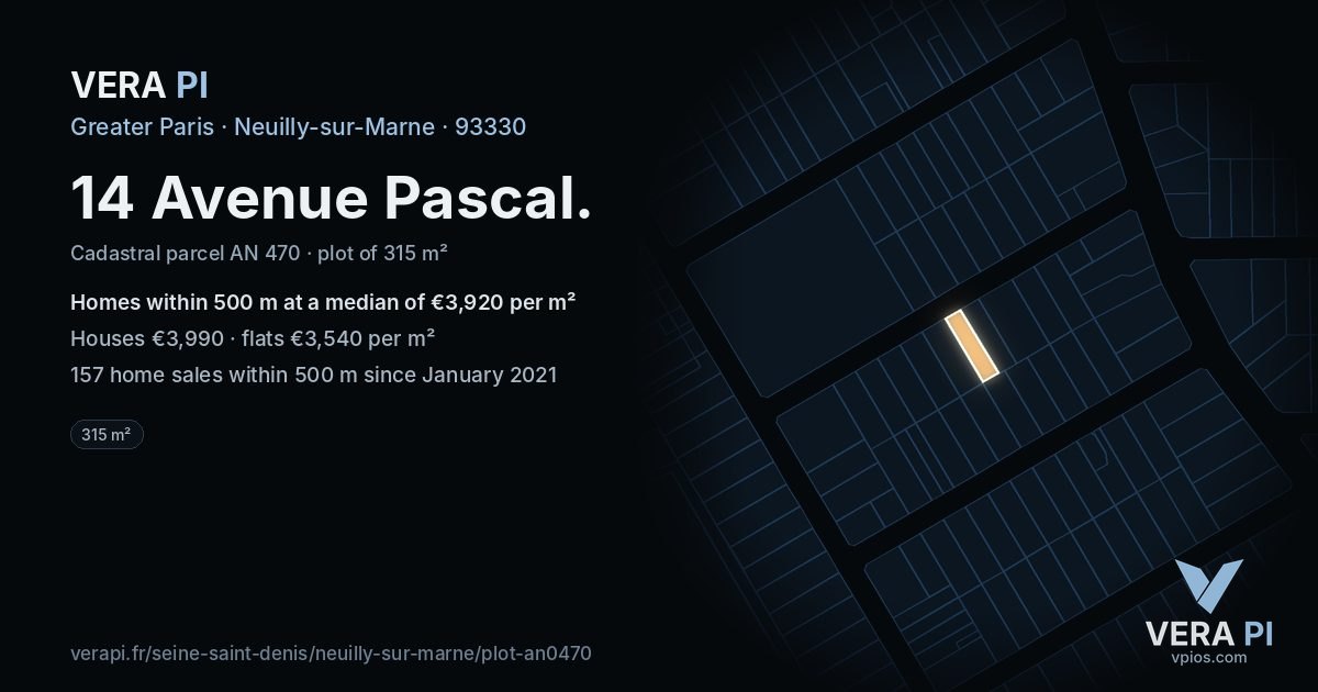 14 Avenue Pascal, Neuilly-sur-Marne at night – the plot lit, the parcels around coloured by the prices near them