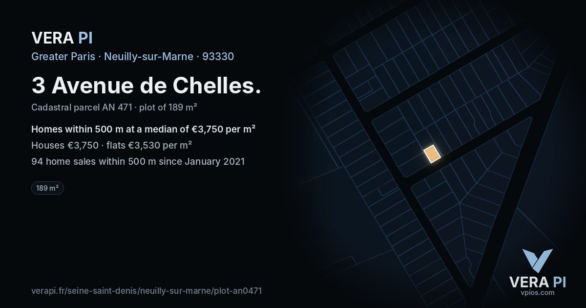 3 Avenue de Chelles, Neuilly-sur-Marne at night – the plot lit, the parcels around coloured by the prices near them