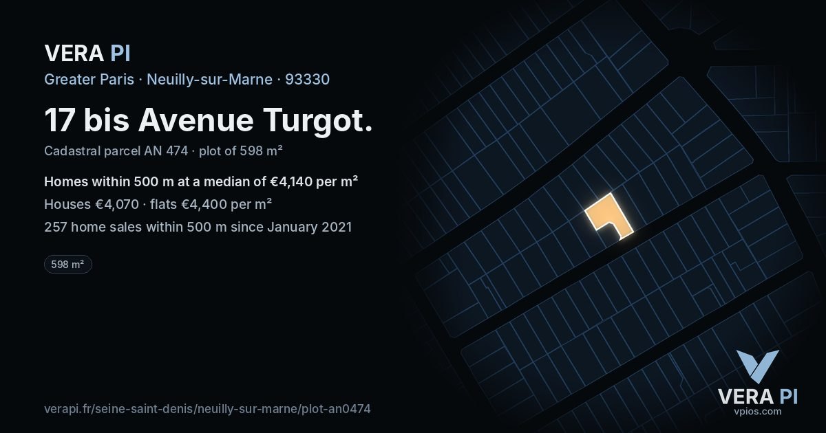 17 bis Avenue Turgot, Neuilly-sur-Marne at night – the plot lit, the parcels around coloured by the prices near them