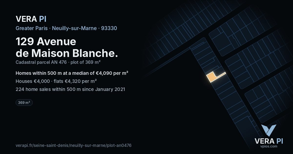 129 Avenue de Maison Blanche, Neuilly-sur-Marne at night – the plot lit, the parcels around coloured by the prices near them