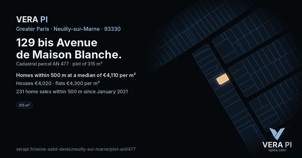 129 bis Avenue de Maison Blanche, Neuilly-sur-Marne at night – the plot lit, the parcels around coloured by the prices near them