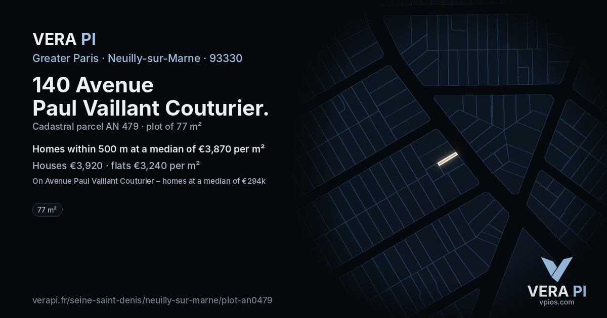 140 Avenue Paul Vaillant Couturier, Neuilly-sur-Marne at night – the plot lit, the parcels around coloured by the prices near them