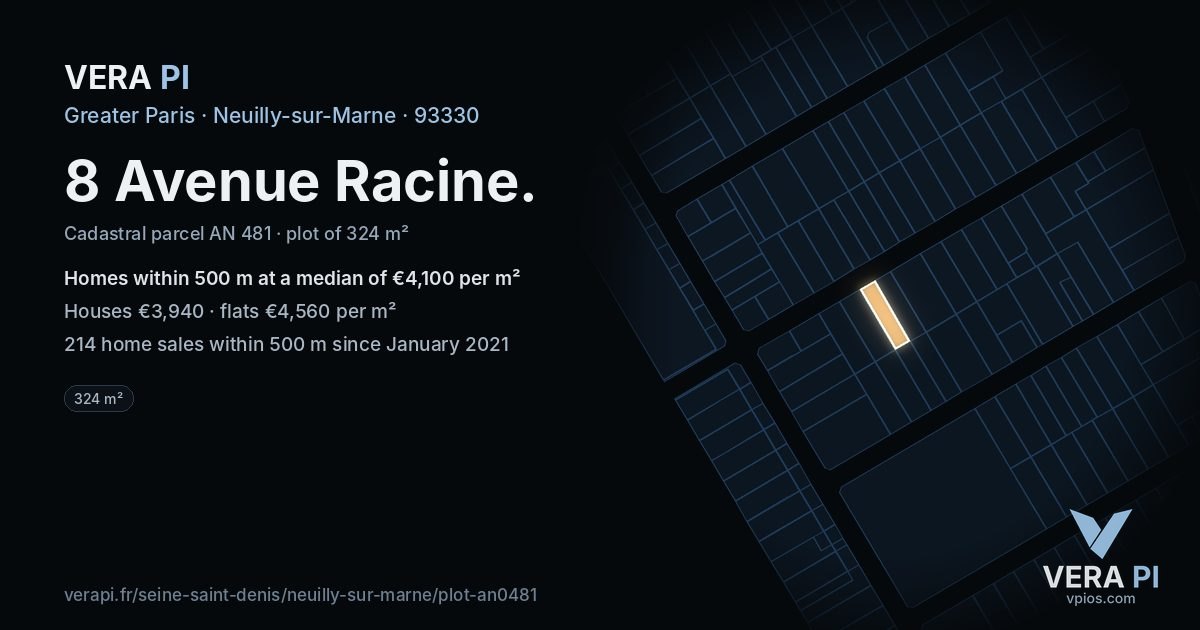 8 Avenue Racine, Neuilly-sur-Marne at night – the plot lit, the parcels around coloured by the prices near them