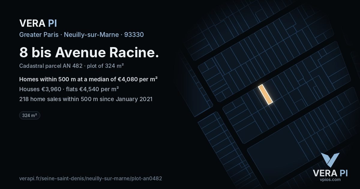 8 bis Avenue Racine, Neuilly-sur-Marne at night – the plot lit, the parcels around coloured by the prices near them