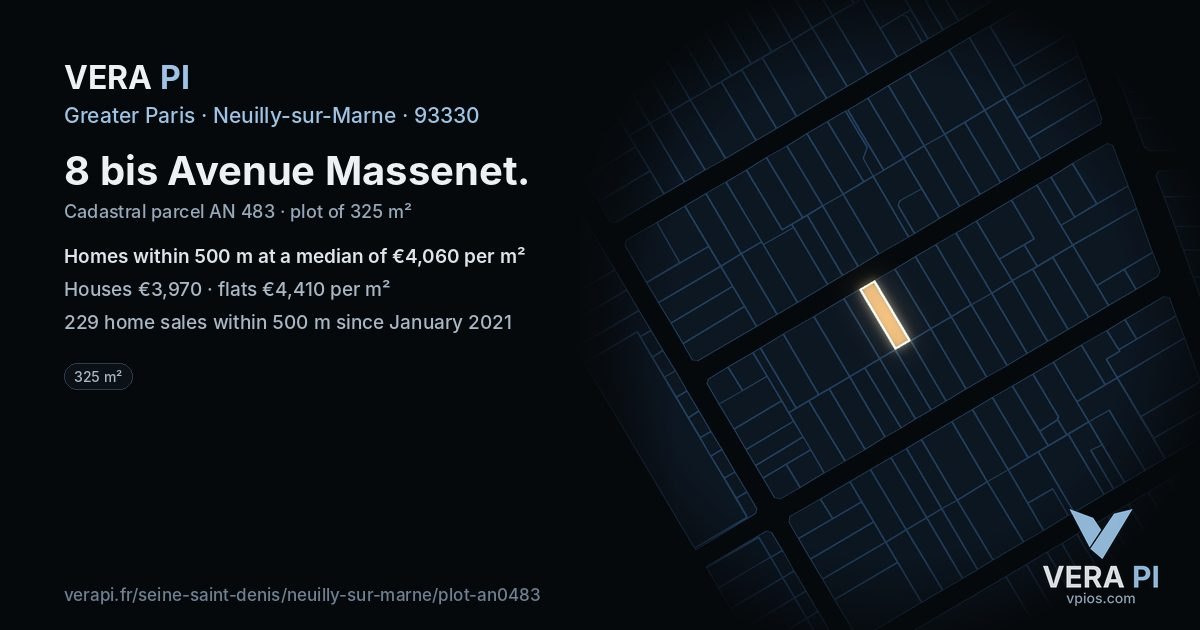 8 bis Avenue Massenet, Neuilly-sur-Marne at night – the plot lit, the parcels around coloured by the prices near them