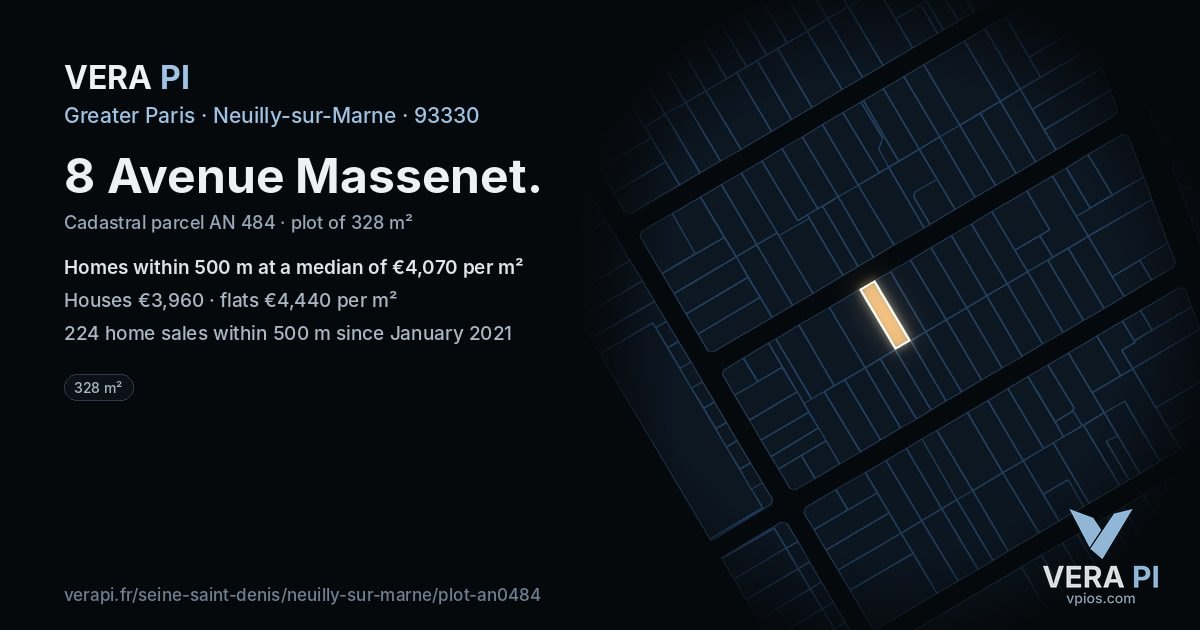 8 Avenue Massenet, Neuilly-sur-Marne at night – the plot lit, the parcels around coloured by the prices near them