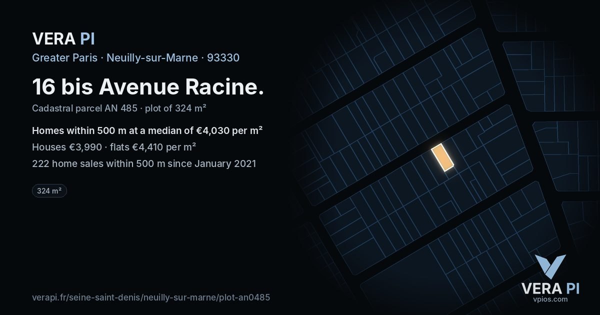 16 bis Avenue Racine, Neuilly-sur-Marne at night – the plot lit, the parcels around coloured by the prices near them