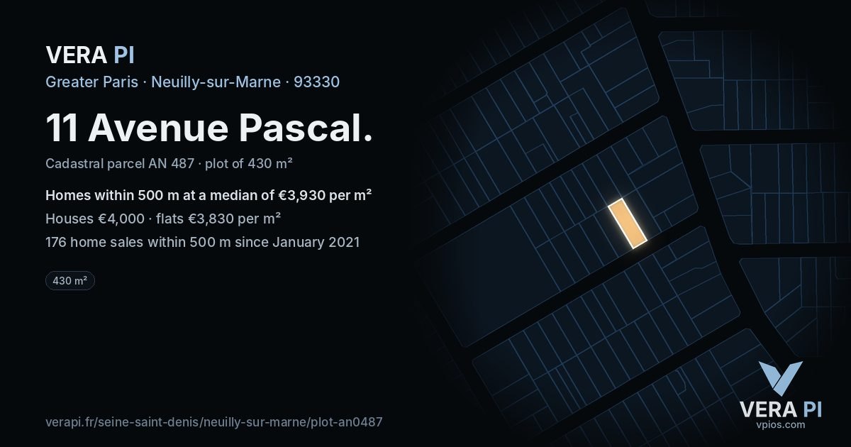 11 Avenue Pascal, Neuilly-sur-Marne at night – the plot lit, the parcels around coloured by the prices near them